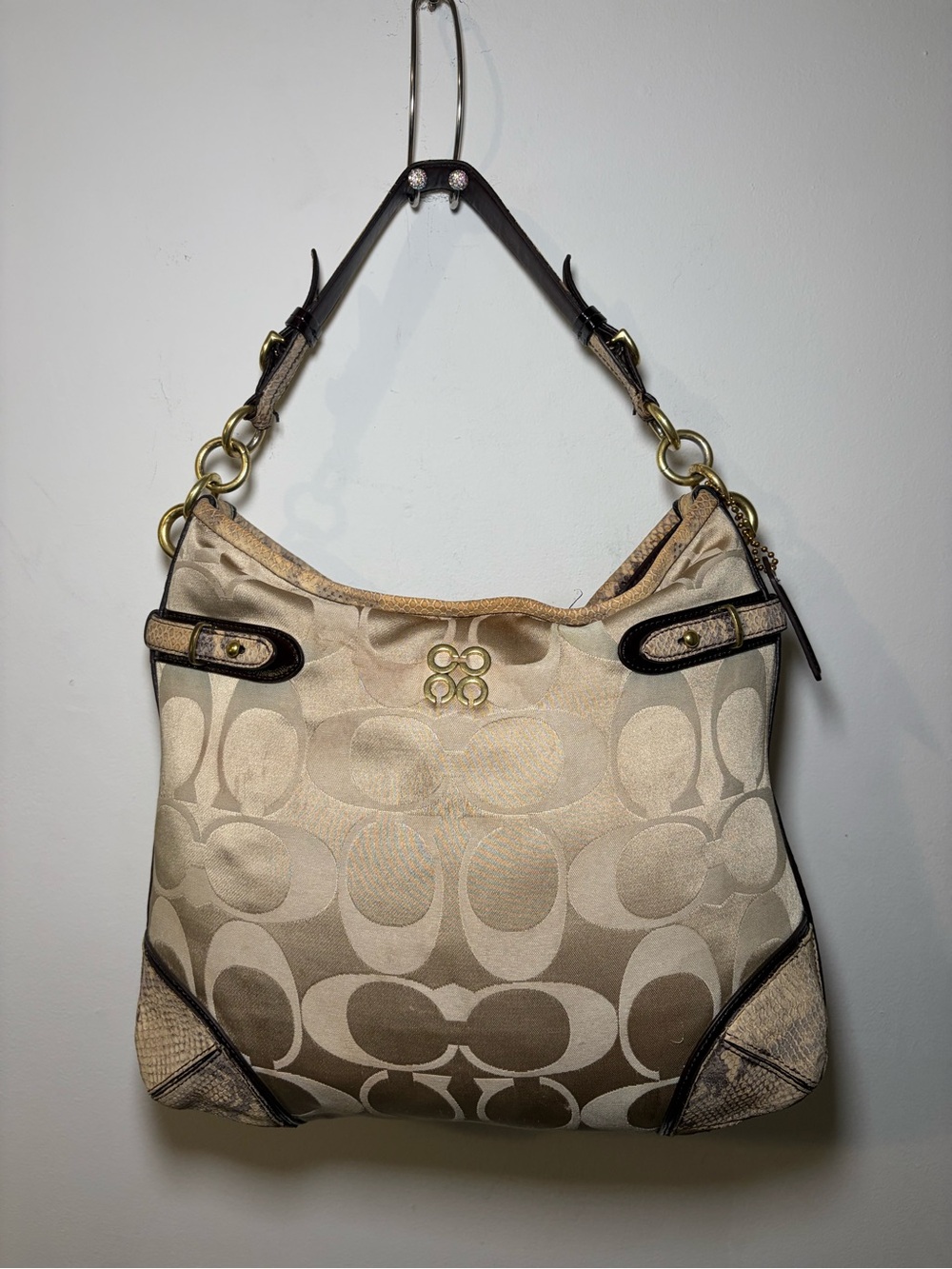 Coach Colette Signature Beige Sateen Python Leather Hobo Bag